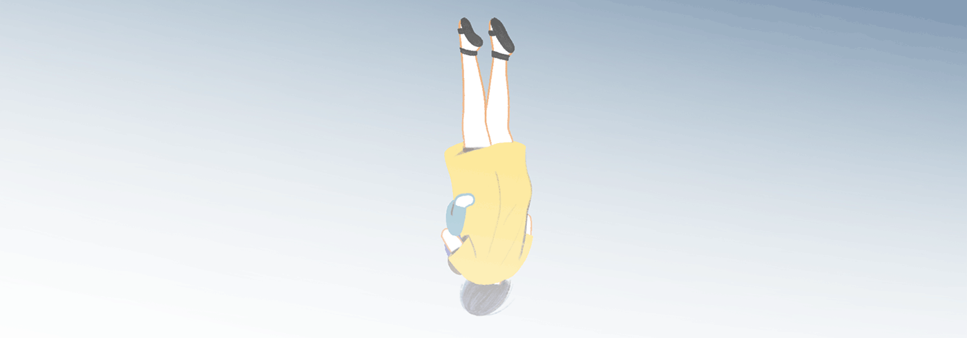 A child and mother falling straight down while hugging.